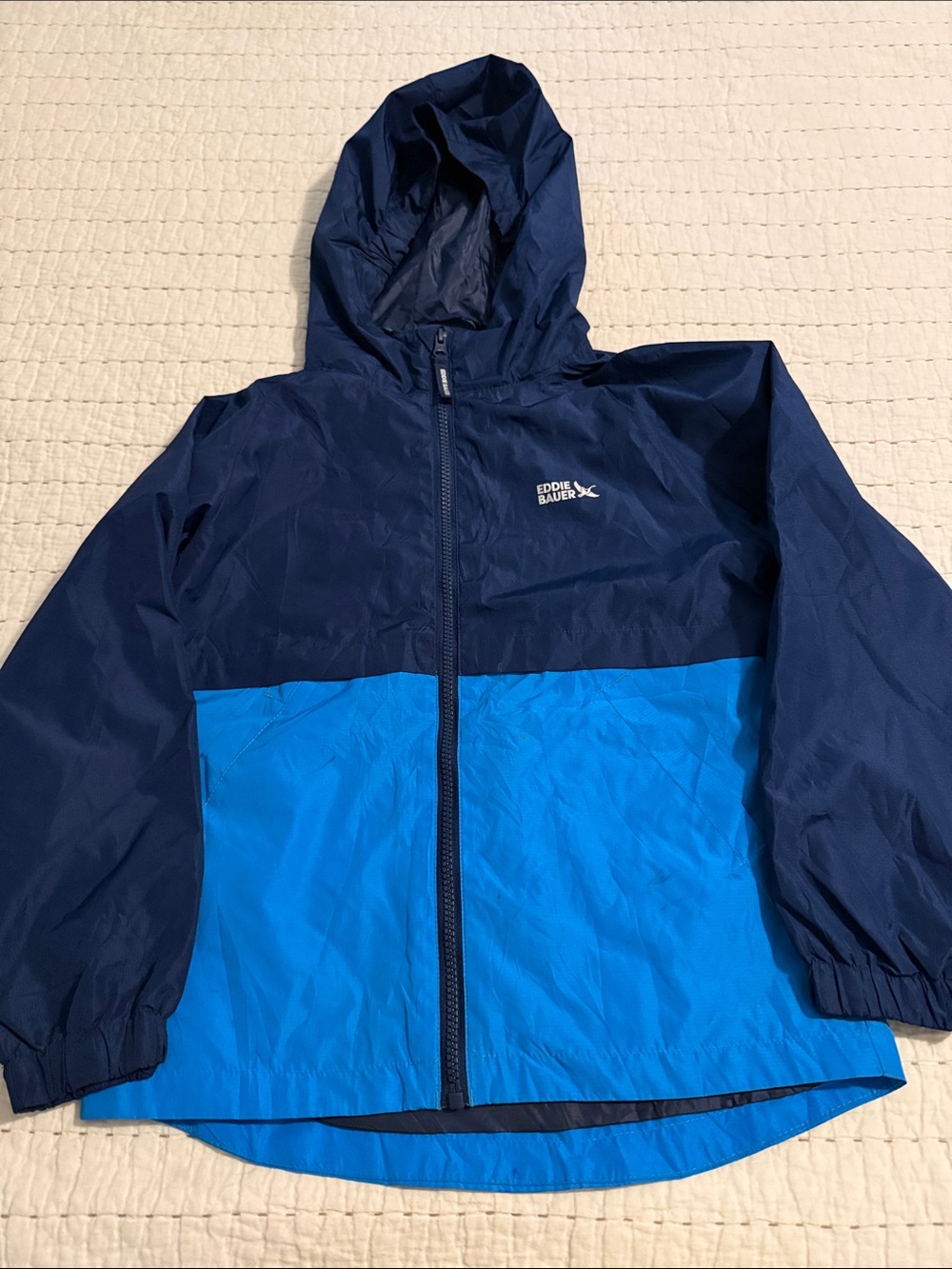 Kid’s Eddie Bauer Navy and Bright Blue Hooded Rain Jacket